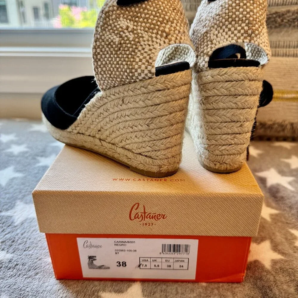 Castaner Carina Espadrille Wedges - Black - 38 - New with Box